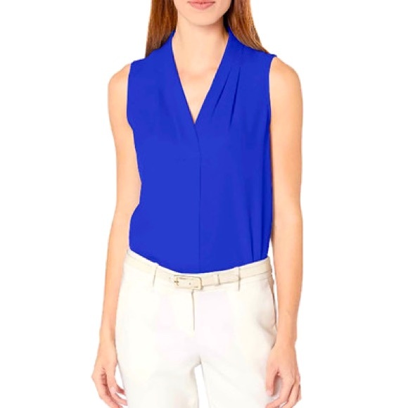 Calvin Klein Tops - Calvin Klein Pleated V-Neck Sleeveless Blue Blouse